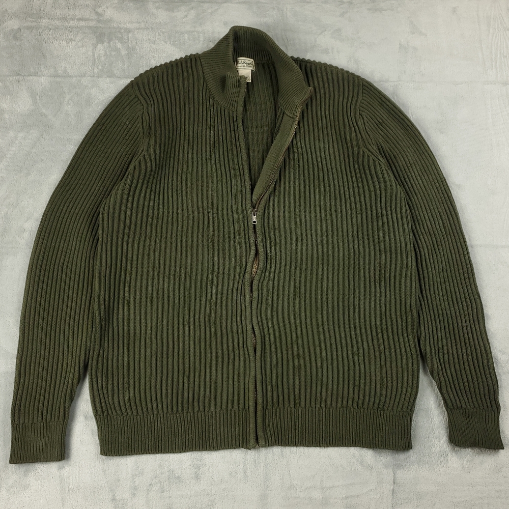 L.L. Bean Olive Green Ribbed Zip-Up Sweater